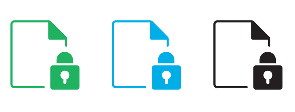 Locked document icons in green blue and black, secure file protection symbols, encrypted data vector set for cybersecurity and privacy