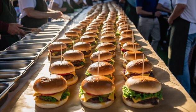 Long table filled with many delicious looking burgers.