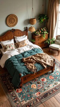 Tranquil bedroom retreat with vintage charm, floral accents, and inviting textures