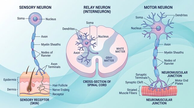 Anatomy of sensory relay and motor neurons in the nervous system