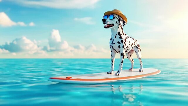 Dalmatian dog wearing sunglasses and hat stands on a surf board in the ocean. Pet enjoy summer vacation concept. Blue water with light white clouds.