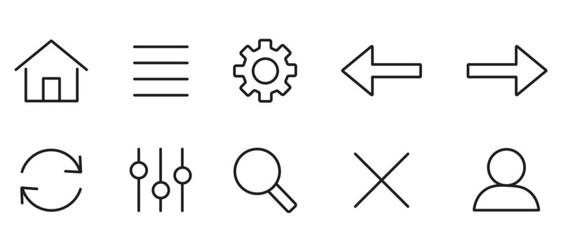 Minimalist UI icon set, 10 thin line navigation symbols for web and mobile apps, black outline interface elements on white background vector