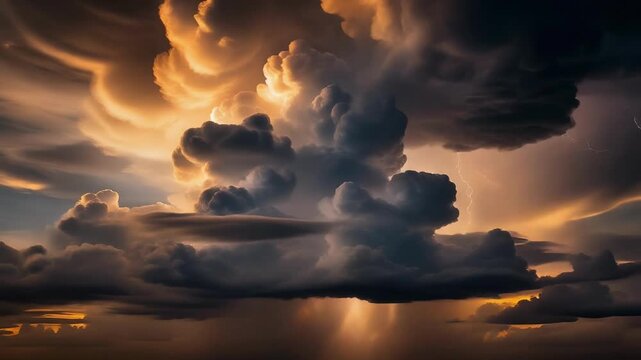 Dramatic Thunderstorm Clouds and Lightning Strikes Illuminated by Stunning Sunset Colors in Nature