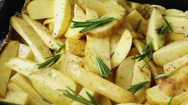 Hand adding sprigs of rosemary to potatoes wedges for baking