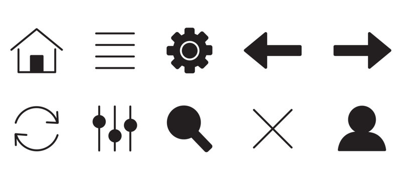 Minimalist black web icon set, 10 essential UI vector elements for mobile apps, clean navigation symbols for website interface design