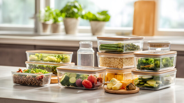 Fresh vegetables and healthy meal prep containers showcasing a variety of nutritious ingredients arranged on a kitchen countertop with natural lighting and greenery in the 