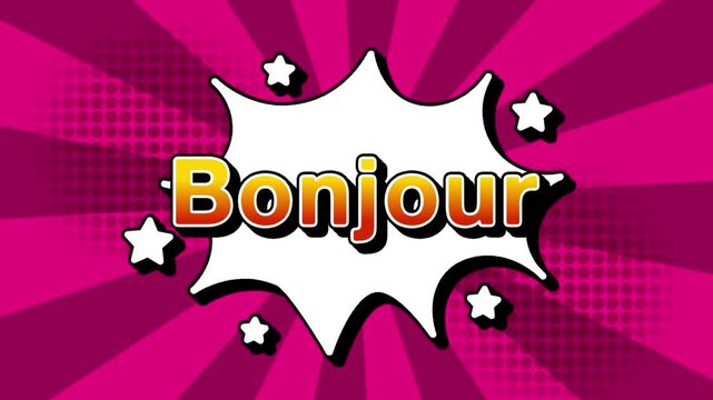 Bonjour text word lettering popup comic cartoon reveal with bomb and smoke explosion manga anime book page dots with radial speed lines doodle pink background with seamless loop animation retro