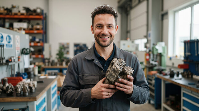 Smiling male technician holding a worn carbide drill bit in a workshop. Industrial worker with heavy drilling equipment in a maintenance facility