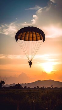 A silhouette of a skydiver soaring through a sunset sky, enjoying the freedom and adventure