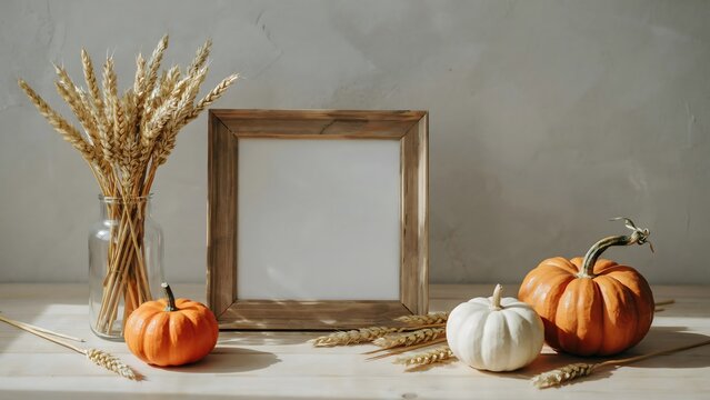 Autumn composition with a wooden frame, wheat stalks in a glass vase, and pumpkins on a rustic wooden table against a neutral wall background