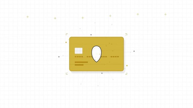 Yellow Credit Card with Location Map Pin Icon Vector Illustration representing global financial transactions and secure banking payments on grid