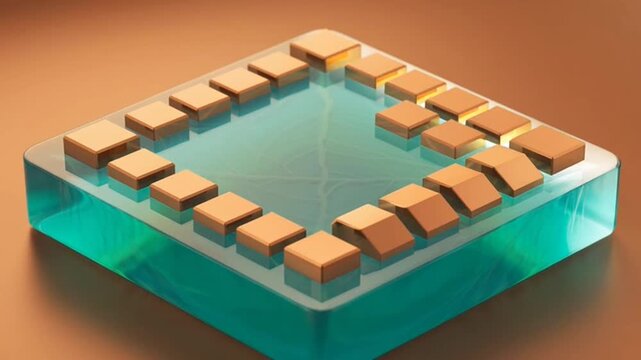 Close up of a high tech computer processor chip with glowing electrical circuits.