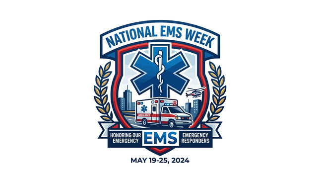 National Emergency Medical Services Week Celebration Vector Graphic with Ambulance and Star of Life Emblem