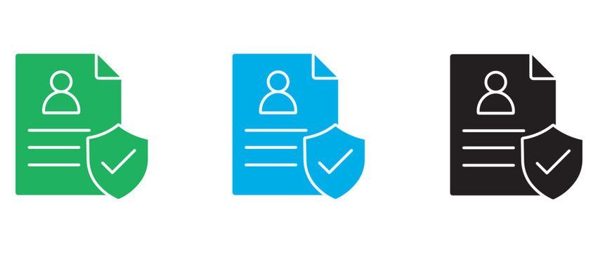 Secure personal document icons with shield and checkmark, verified user profile data protection symbols, 3 flat vector assets for identity security