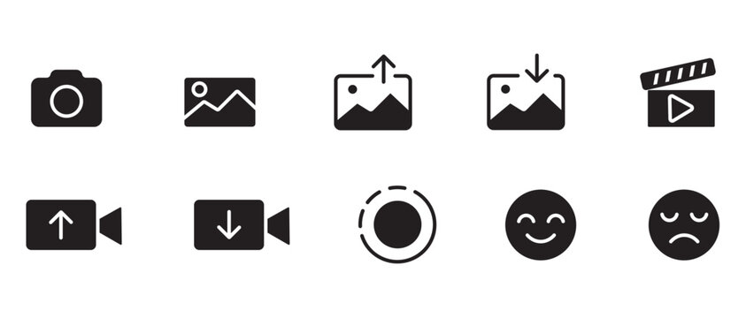 Minimalist multimedia icon set, 10 black solid vector symbols for photography and video editing, social media interface elements for mobile apps