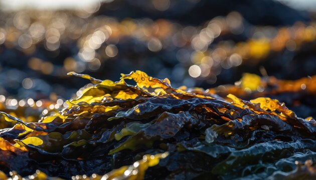Close-up of Sunlit Kelp Forest Floor with Bokeh Background.