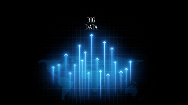 Big data analytics concept with glowing blue rising arrows and map digital background, technology growth