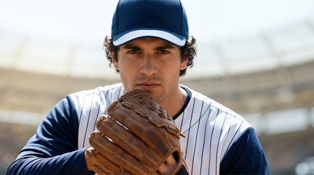 Male baseball player in pinstripe uniform and blue cap holding a glove. Portrait of a young man athlete in a stadium