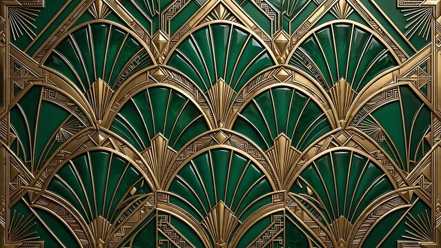 Luxurious emerald green and gold geometric pattern with symmetrical fan shapes and metallic accents