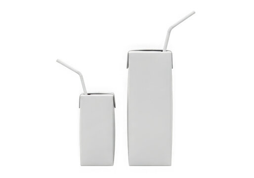 Two blank juice boxes of different sizes with small drinking straws for healthy drinks isolated on transparent background