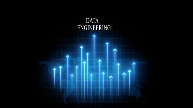 Data engineering concept with glowing upward growth arrows and digital map background, big data analytics
