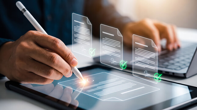 Businessman signing digital contract on tablet with electronic signature technology, concept of paperless office and esignature