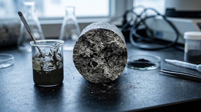 Nano reinforced cement research with fractured concrete core, graphene flakes, carbon nanotube strands, and cement slurry in a laboratory setup.