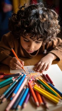 Young child intently drawing with colored pencils on paper.