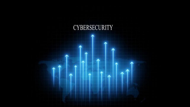Cybersecurity digital concept with glowing map and rising data growth arrows animation data protection