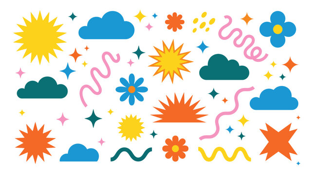 Vibrant set of abstract vector shapes including suns, clouds, flowers, stars, and wavy lines, perfect for playful designs.