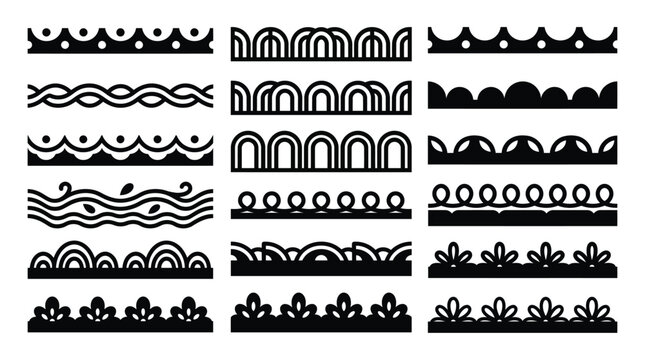 Set of intricate black vector borders and dividers with various geometric and organic patterns for decorative design.