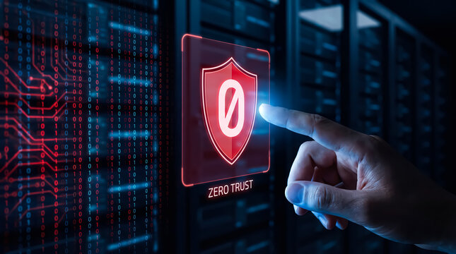 Zero trust security concept, digital shield with number zero on server background, cybersecurity and data protection technology