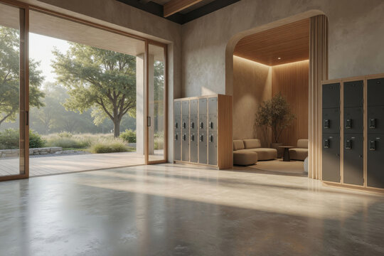 Modern locker room wooden interior lounge area large window natural light concrete floor peaceful space relaxation contemporary design waiting area Modern locker room Digital Wellness concept