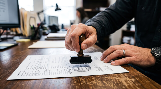Closeup of a person stamping an official document on a wooden office desk