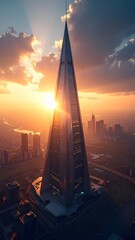 Naklejka premium Stunning architectural marvel of a modern skyscraper piercing the sky at sunset with golden hues