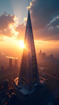 Stunning architectural marvel of a modern skyscraper piercing the sky at sunset with golden hues