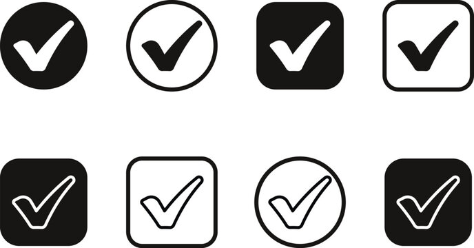 Black check mark logo: check mark with a circle and a rounded box, isolated on a white background. 