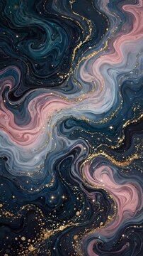 Abstract navy blue and pink fluid marble background with shimmering gold glitter and liquid swirls.