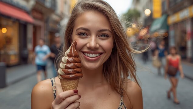 Attractive young lady enjoying chocolate-coated ice cream on an urban street, zoomed in.