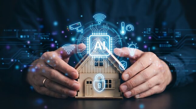 Human hands holding a model house with glowing smart home artificial intelligence and digital security icons above it
