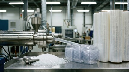 Fototapeta premium Plastics manufacturing growth with resin pellets, injection molded containers, extruder barrel, and polyethylene film rolls on a stainless workbench.