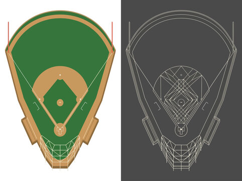 Baseball Field Layout Aerial View and Technical Blueprint Diagram