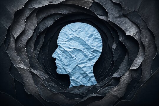 Abstract crumpled paper human head silhouette in dark tunnel with depth and mystery