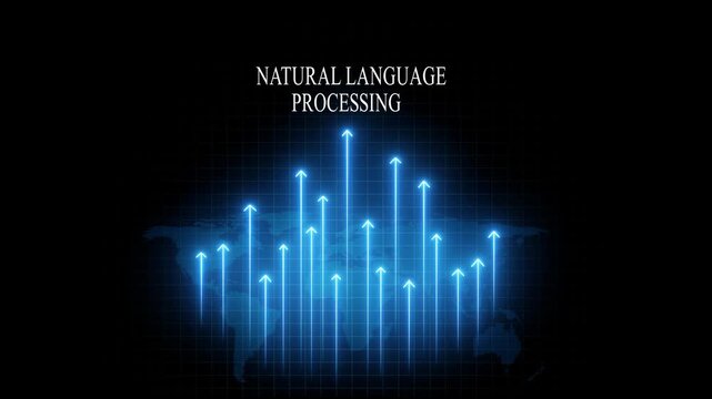 Natural language processing concept with rising digital arrows and global data network visualization