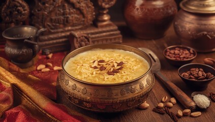 Naklejka premium Traditional Indian sweet made from milk and vermicelli, known as payasam or kheer.