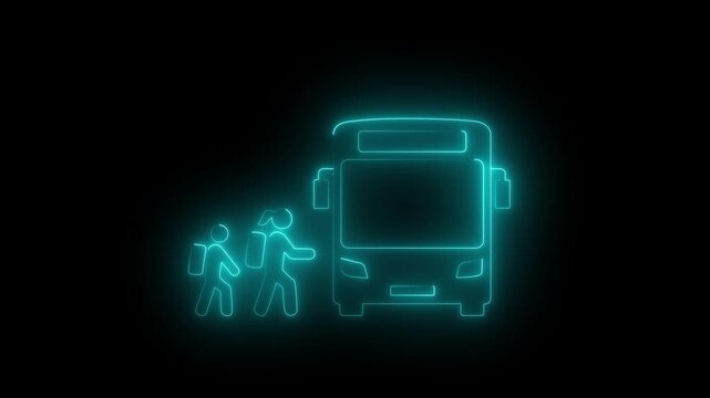 glowing neon school bus icon isolated on black background. Public transportation symbol.Motion graphics of concept animation
