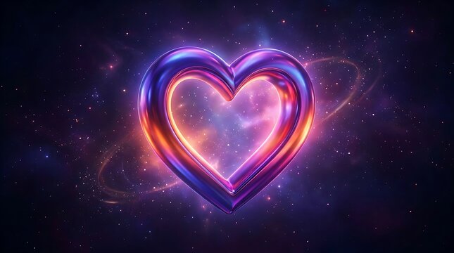 Glowing neon heart shape with vibrant colorful light effects isolated on a dark space background for romantic design