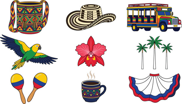 Colombian Culture Collection with Wayuu Bag, Sombrero Vueltiao, Chiva Bus, Parrot, Orchid, Coffee Cup, Maracas, and Vector Illustration Set