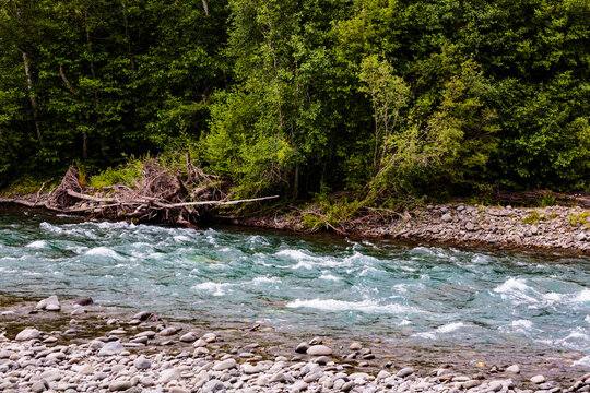The fast flowing Elwha River, rocks in the stream.