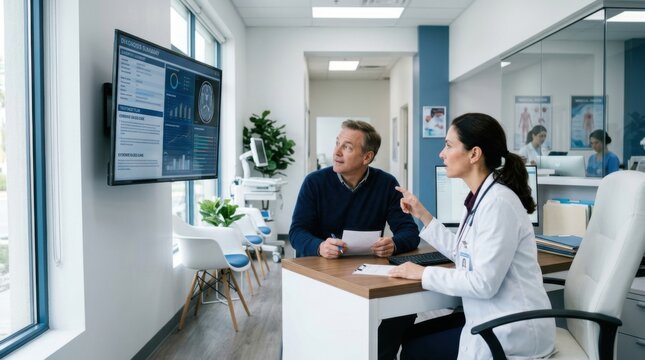 Doctor Explains Medical Results To Patient Showing Brain Scan On Large Screen